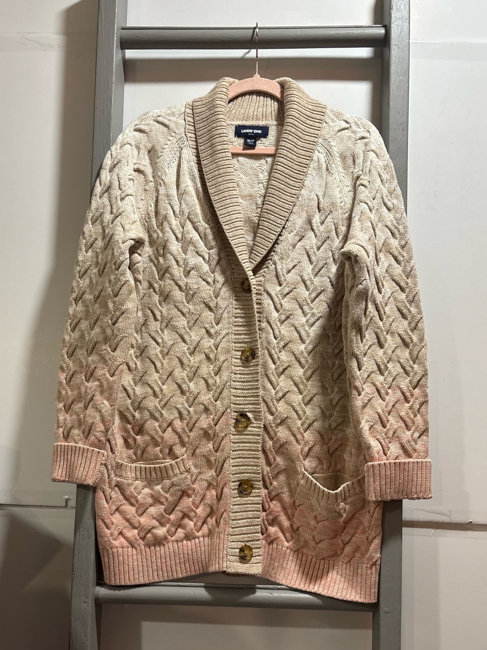 Lands' End M Cable-Knit Cardigan, ombré, fisherman, costal grandma, cottagecore